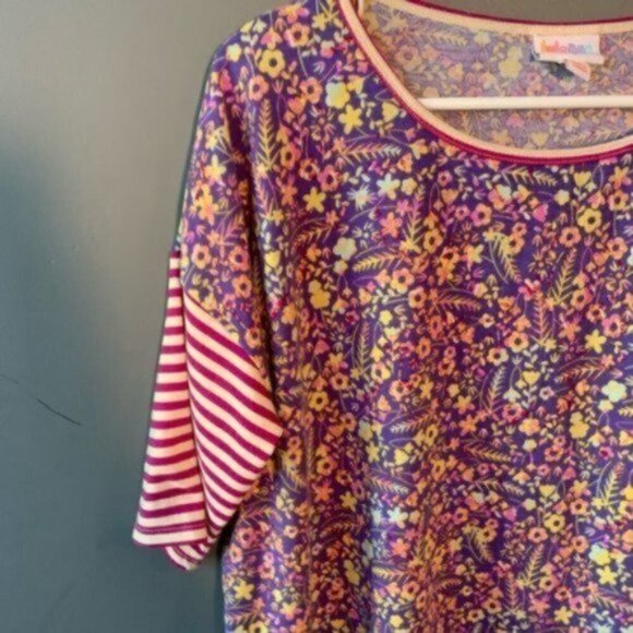 Lularoe Irma Tunic Top Purple Floral Pink Stripe Sleeve - Picture 7 of 10